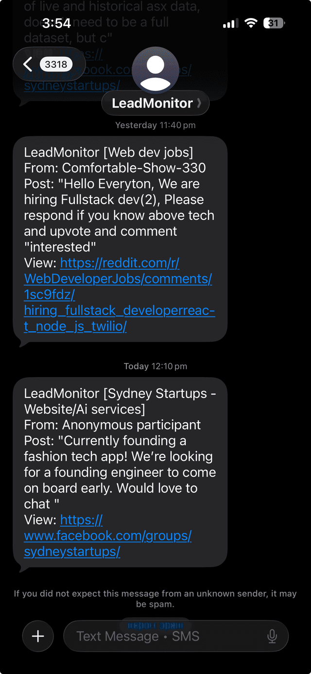 LeadMonitor SMS notification example